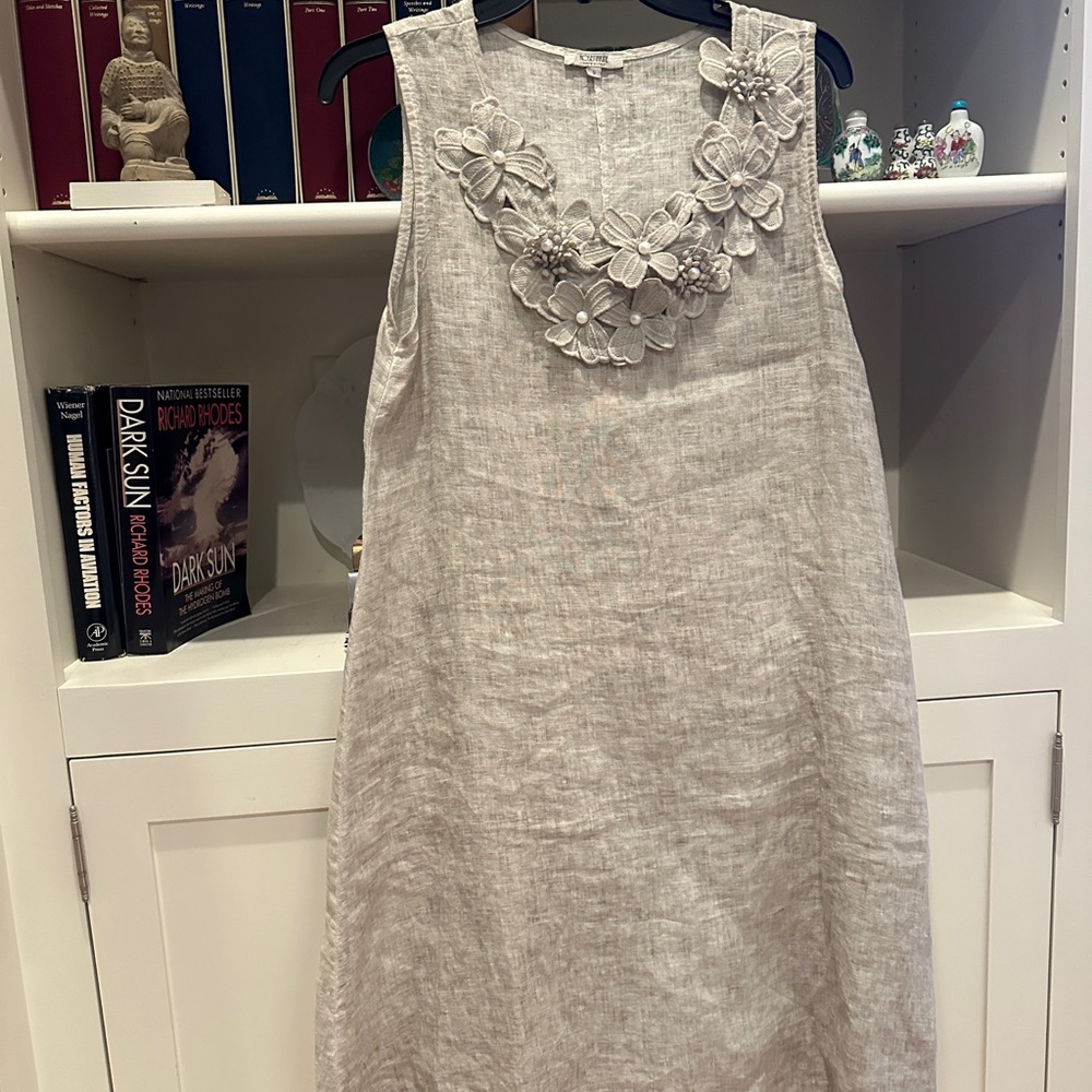 Elegant Floral Embellished Linen Dress